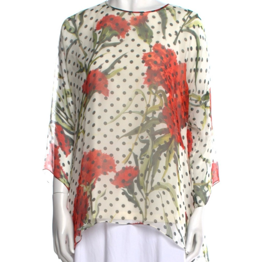 DOLCE & GABBANA BLOUSE CHIFFON POLKA DOT CARNATIONS SILK TOP sz 36 US 0
